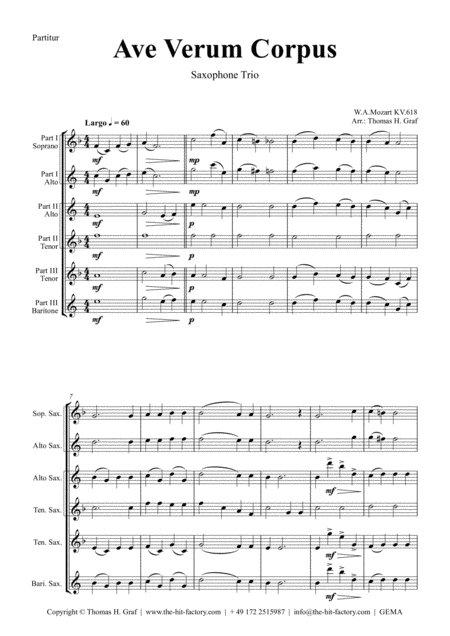 Ave Verum Corpus W A Mozart Saxophone Trio Sheet Music