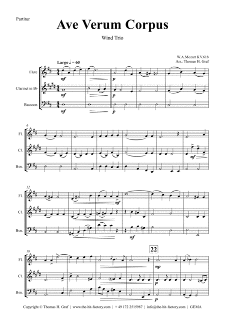 Ave Verum Corpus W A Mozart Wind Trio Sheet Music