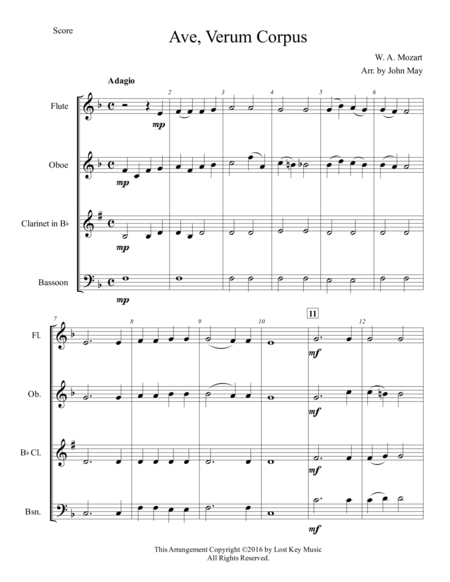 Ave Verum Corpus Woodwind Quartet Sheet Music