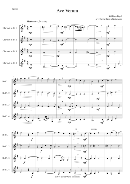 Ave Verum For 4 Clarinets Sheet Music