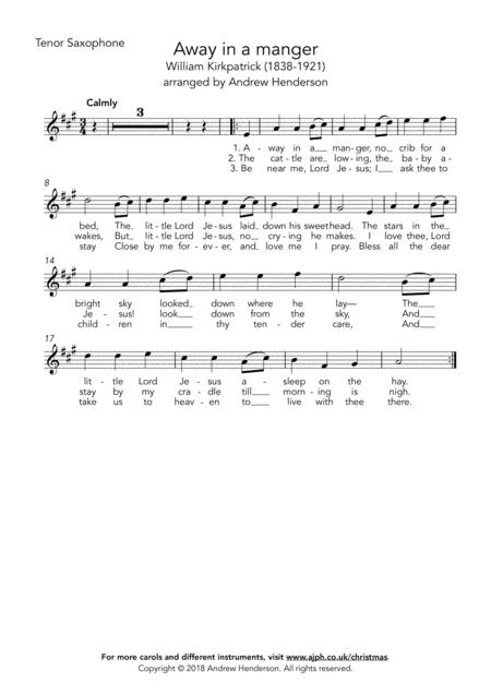 Free Sheet Music Away In A Manger Easy Tenor Sax Easy Piano