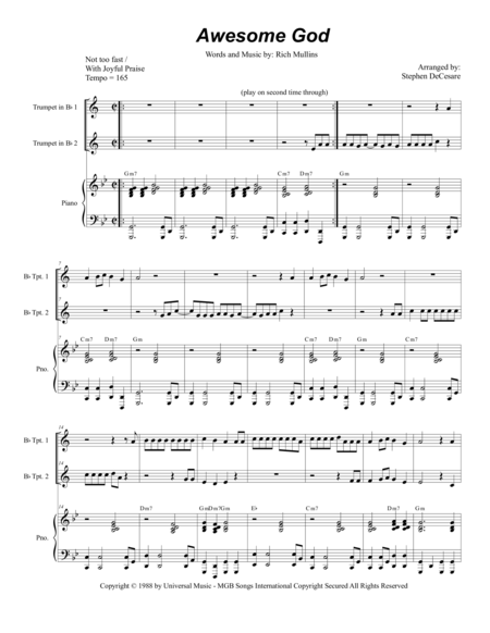 Free Sheet Music Awesome God Duet For Bb Trumpet