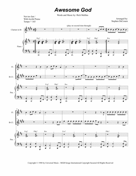 Free Sheet Music Awesome God Duet For Flute And Bb Clarinet