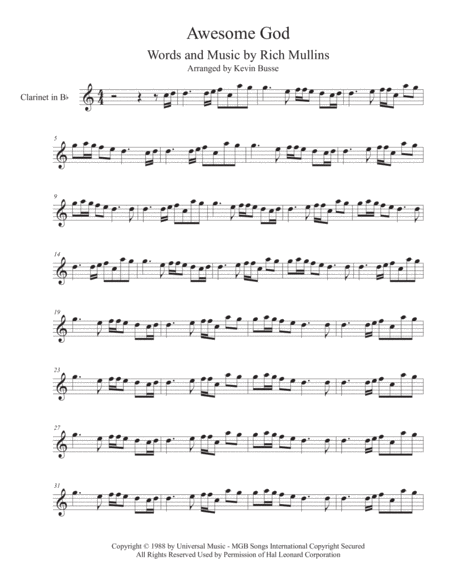 Free Sheet Music Awesome God Easy Key Of C Clarinet