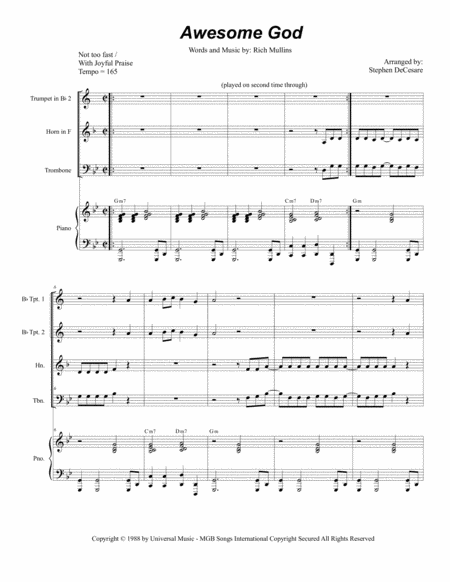 Awesome God For Brass Quartet Sheet Music