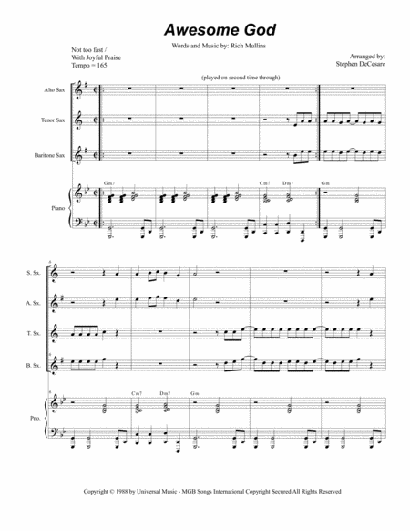 Awesome God For Saxophone Quartet Sheet Music