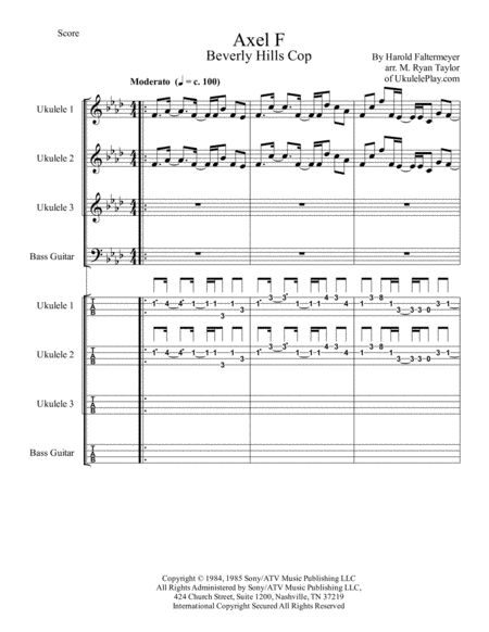 Axel F Beverly Hills Cop For Ukulele Orchestra Ensemble 3 Or More Ukuleles Bass Sheet Music