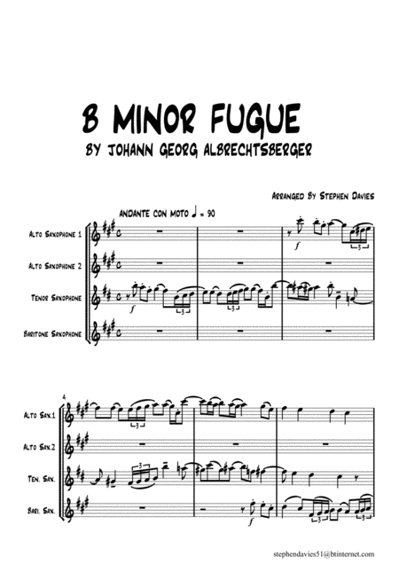 B Minor Fugue By Johann Georg Albrechtsberger For Saxophone Quartet Sheet Music