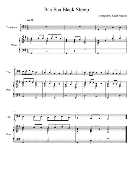 Baa Baa Black Sheep Trombone Bass Clef Solo Sheet Music