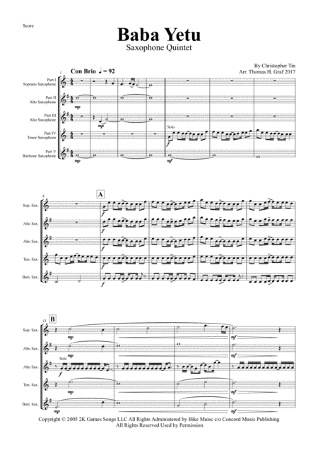 Baba Yetu From Video Game Civilization Iv Saxophone Quintet Sheet Music