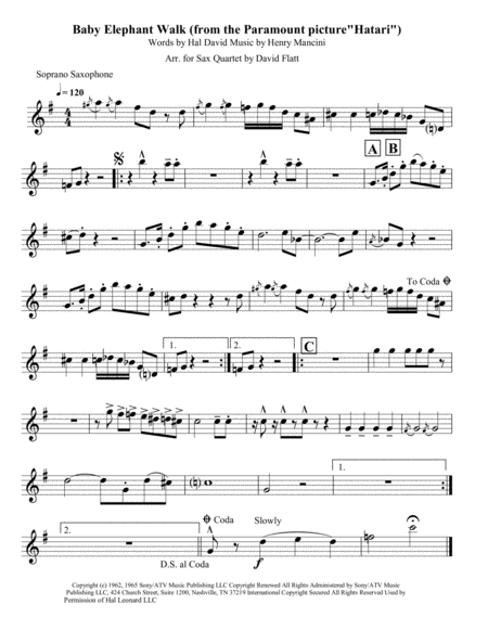 Baby Elephant Walk For Sax Quartet Sheet Music