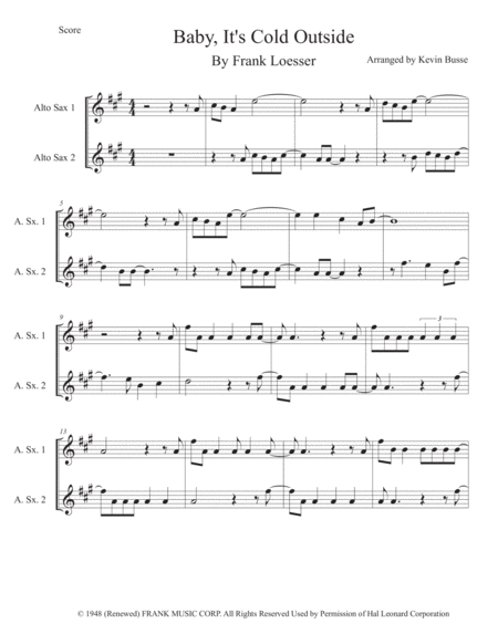 Baby Its Cold Outside Original Key Alto Sax Duet Sheet Music