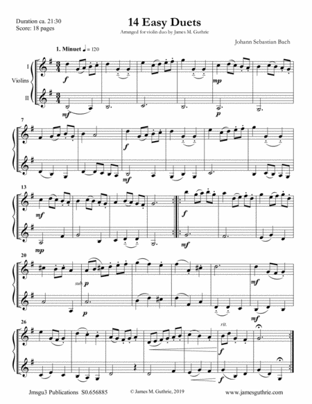 Bach 14 Easy Duets For Violin Duo Sheet Music