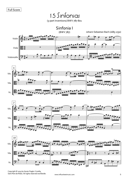 Bach 15 Sinfonias 3 Part Inventions Arr For String Trio Full Score And Parts Sheet Music