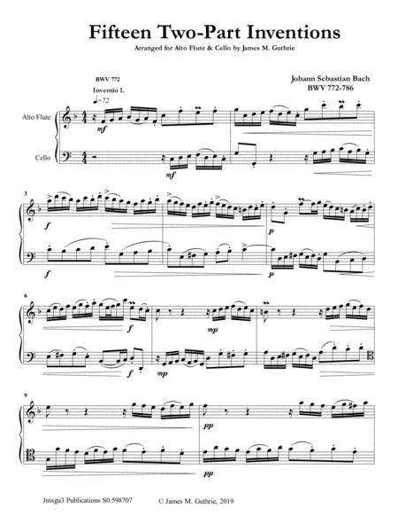 Bach 15 Two Part Inventions For Alto Flute Cello Duo Sheet Music