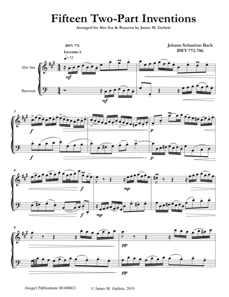 Free Sheet Music Bach 15 Two Part Inventions For Alto Sax Bassoon Duo