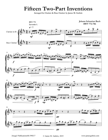 Bach 15 Two Part Inventions For Clarinet Bass Clarinet Duo Sheet Music