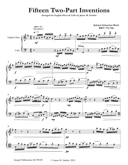 Free Sheet Music Bach 15 Two Part Inventions For English Horn Cello Duo