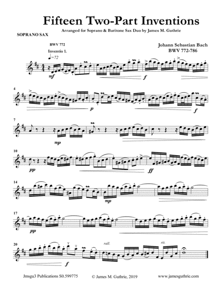 Free Sheet Music Bach 15 Two Part Inventions For Soprano And Baritone Sax Duo