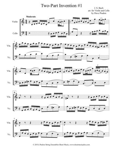 Bach 2 Part Invention 1 For Violin And Cello Sheet Music