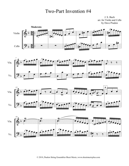 Bach 2 Part Invention 4 For Violin And Cello Sheet Music