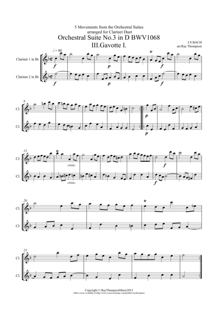 Bach 5 Movements From Orchestral Suites 2 3 Clarinet Duet Sheet Music