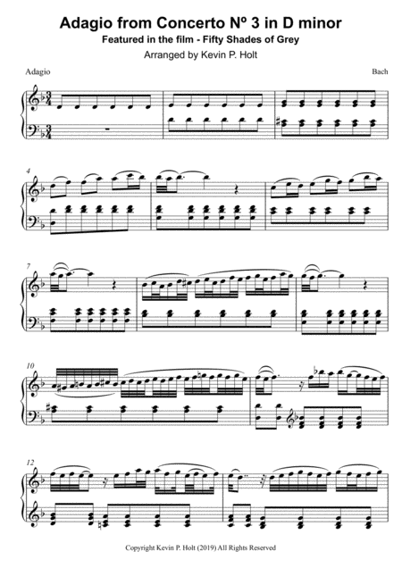 Bach Adagio From Concerto N 3 In D Minor Fifty Shades Of Grey Sheet Music