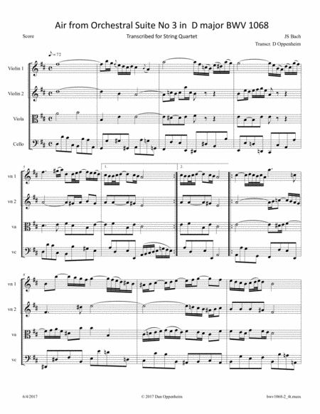 Bach Air From Orchestral Suite No 3 Bwv 1068 Mvt 2 Arr For String Quartet Sheet Music