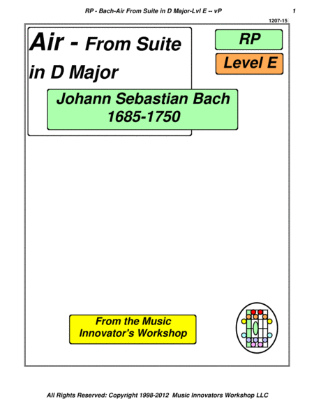 Bach Air From Suite In D Major Level E Key Map Tablature Sheet Music