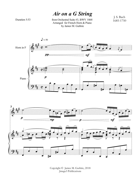 Bach Air On A G String For French Horn Piano Sheet Music