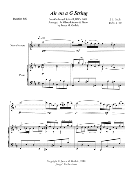 Bach Air On A G String For Oboe D Amore Piano Sheet Music