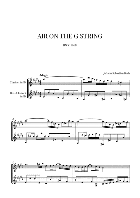 Bach Air On The G String For Clarinet And Bass Clarinet Woodwind Duo Sheet Music