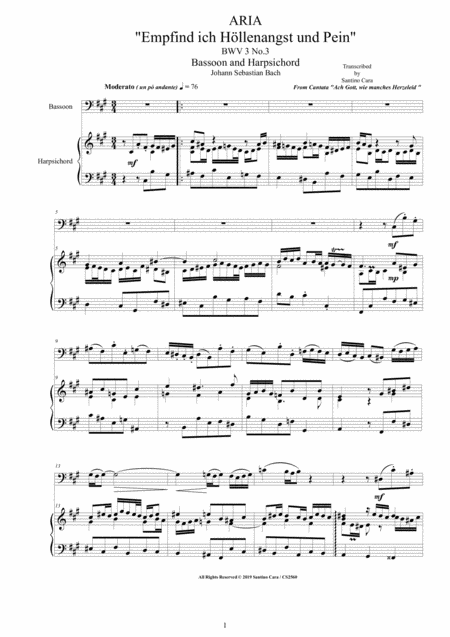 Bach Aria Empfind Ich Hllenangst Und Pein Bwv 3 No 3 For Bassoon And Harpsichord Sheet Music