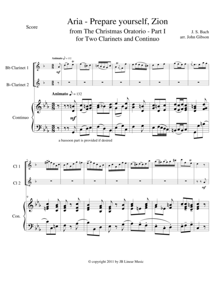 Free Sheet Music Bach Aria From The Christmas Oratorio For Clarinet Duet