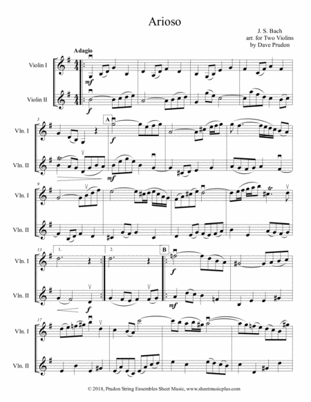 Free Sheet Music Bach Arioso For Two Violins