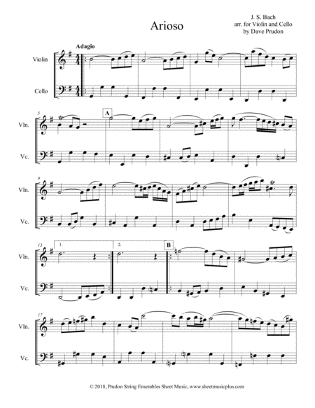 Free Sheet Music Bach Arioso For Violin And Cello