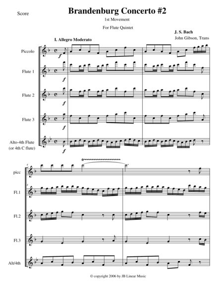 Bach Brandenburg Concerto 2 1st Movement For 5 Flutes Sheet Music