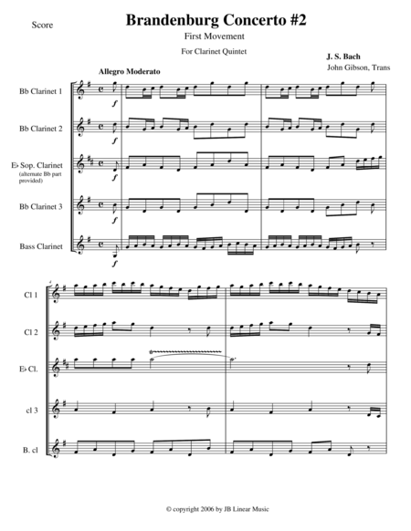 Bach Brandenburg Concerto 2 1st Movement For Clarinet Quintet Sheet Music