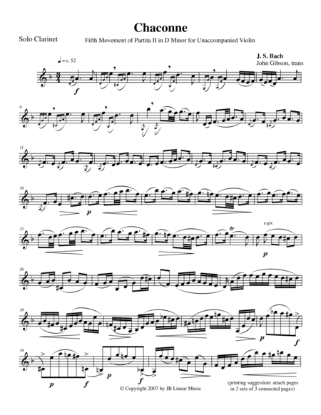 Bach Chaconne For Solo Unaccompanied Clarinet Sheet Music