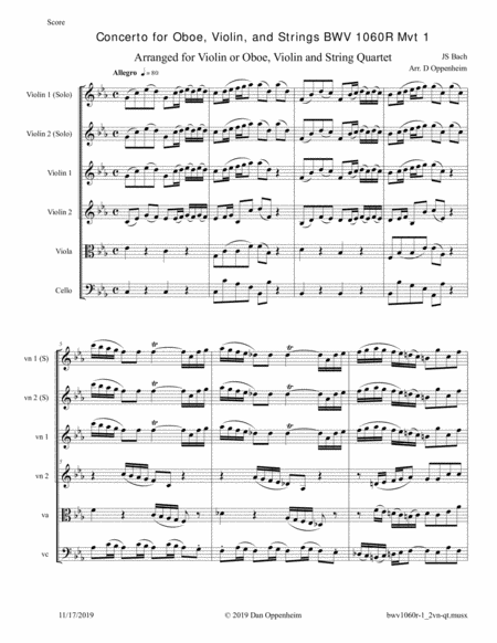 Bach Concerto For Oboe Violin And Strings Bwv 1060r Mvt 1 Arr For 2 Violins And String Quartet Sheet Music