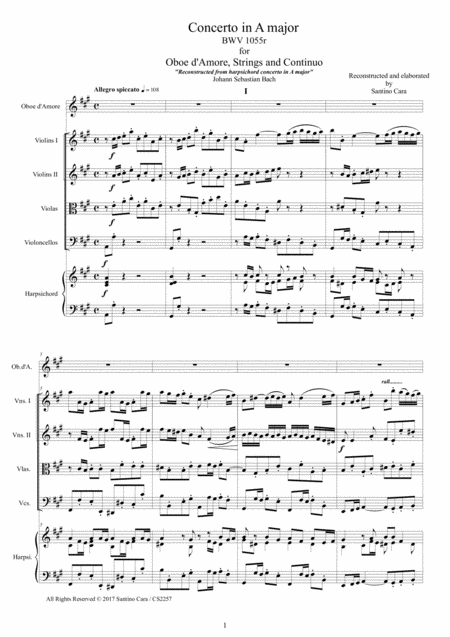 Free Sheet Music Bach Concerto In A Major Bwv1055 For Oboe D Amore Strings And Continuo Score And Parts