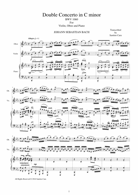 Free Sheet Music Bach Double Concerto In C Minor Bwv1060r For Oboe Violin And Piano