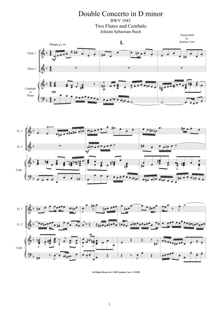 Bach Double Concerto In D Minor Bwv1043 For Two Flutes And Cembalo Or Piano Sheet Music