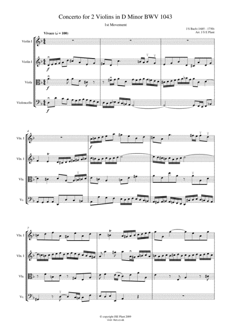 Free Sheet Music Bach Double Violin Concerto In D Minor Bwv 1043 For String Quartet Score And Parts