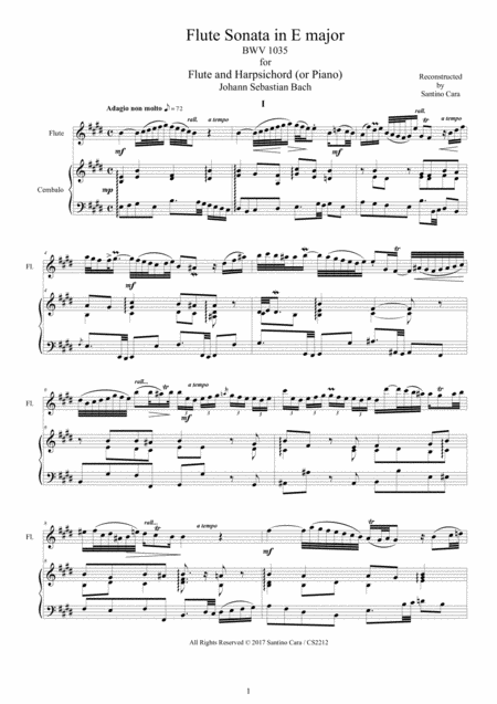 Bach Flute Sonata In E Major Bwv 1035 For Flute And Harpsichord Or Piano Sheet Music