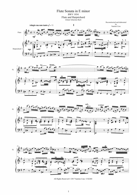 Bach Flute Sonata In E Minor Bwv 1034 For Flute And Harpsichord Or Piano Sheet Music