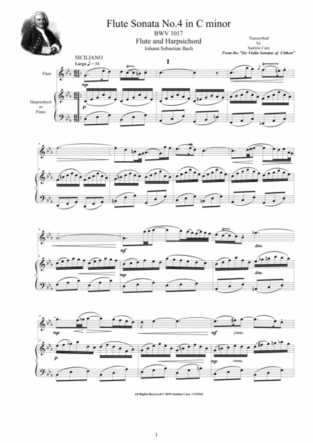 Bach Flute Sonata No 4 In C Minor Bwv 1017 For Flute And Harpsichord Or Piano Sheet Music