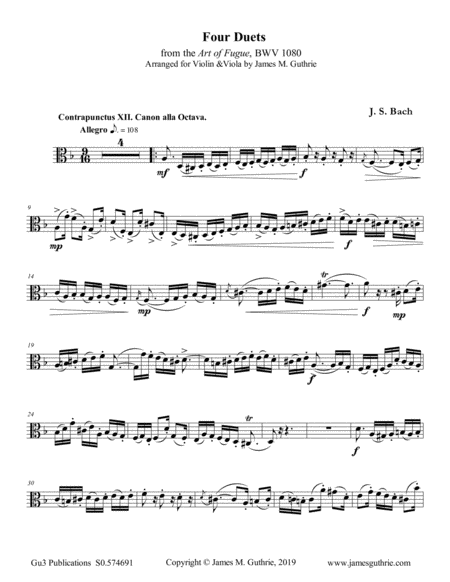 Bach Four Duets From The Art Of Fugue For Violin Viola Sheet Music