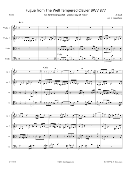 Free Sheet Music Bach Fugue From The Well Tempered Clavier Bwv 877 Arr For String Quartet