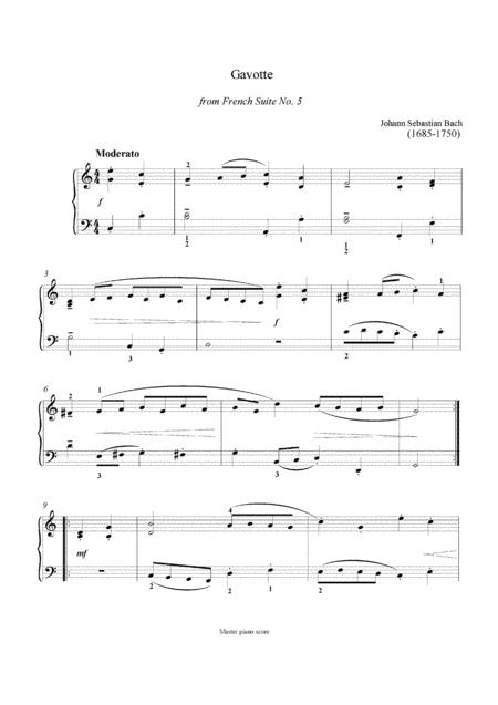 Bach Gavotte From French Suite No 5 Easy Piano Arrangement Sheet Music